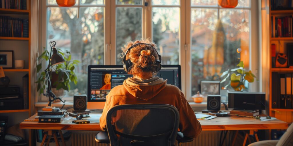 A man with headphones sits at a desk in front of a computer